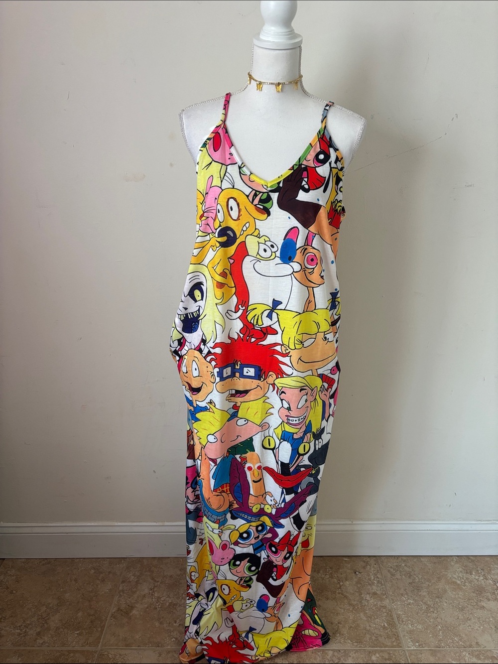 Cartoon Character Maxi Slip Dress - Multicolor with pockets.